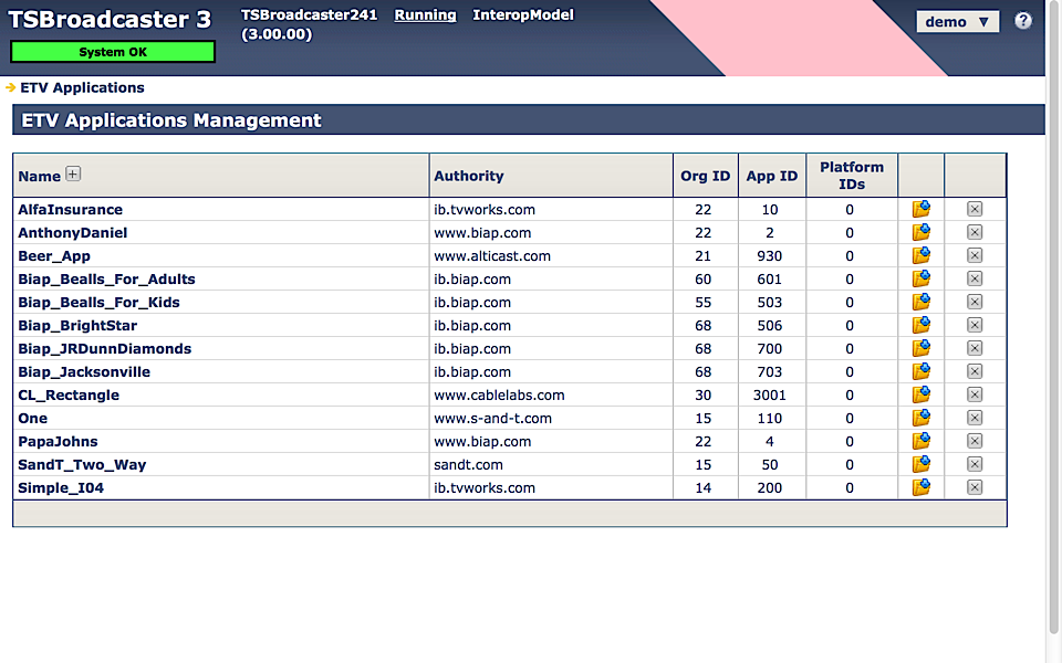 TSBroadcaster ETV Applications Management Screen